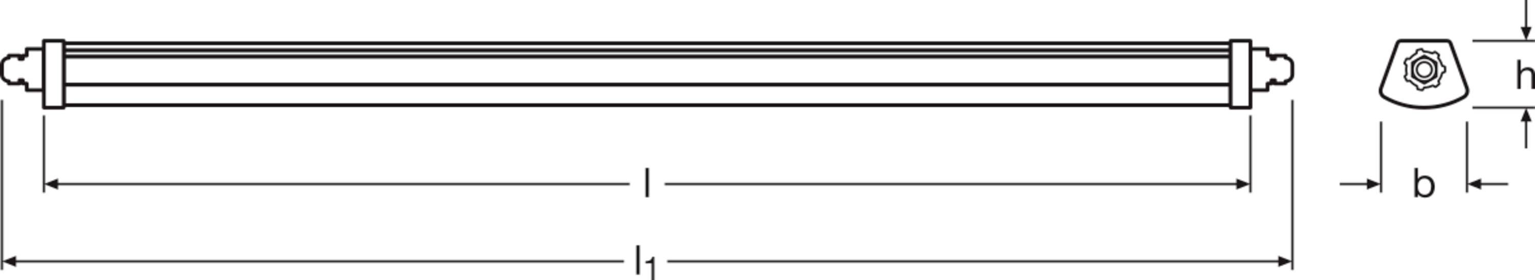 Technische Zeichnung einer zylindrischen Röhre mit Endkappen. Abmessungen l, b, h sind dargestellt.