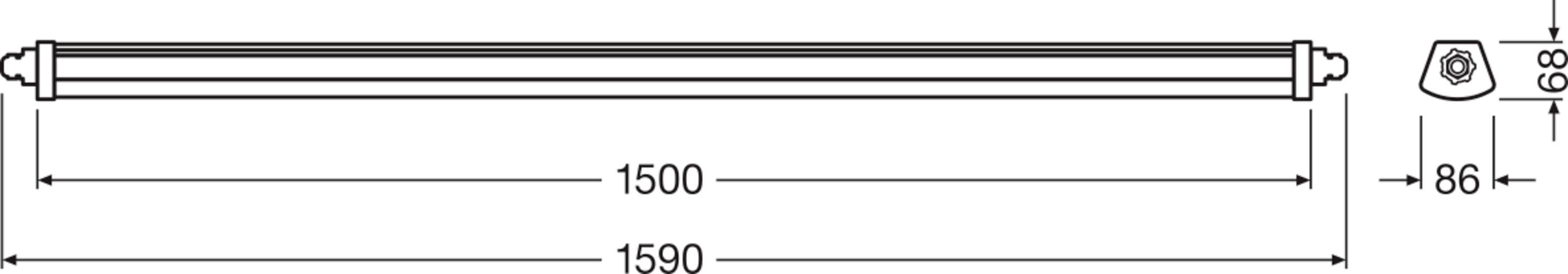 Technische Zeichnung einer länglichen Leuchte mit den Maßen: Länge 1500, Breite 86. Seitliche Ansicht und Endansicht gezeigt.