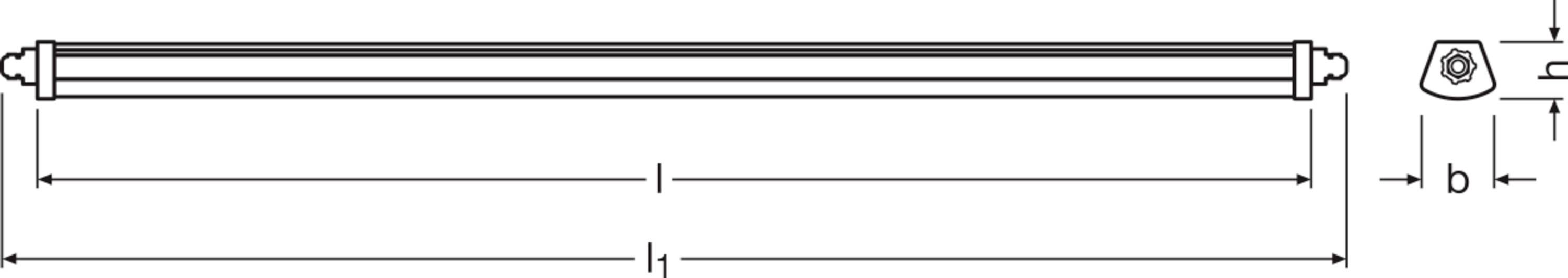 Technische Zeichnung eines zylindrischen Objekts mit Maßen 'l' und 'b', flankiert von zwei identischen Endstrukturen.