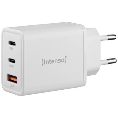 Ein weißes USB-Ladegerät mit dem Markennamen 'Intenso'. Es verfügt über zwei USB-C-Anschlüsse und einen USB-A-Anschluss.