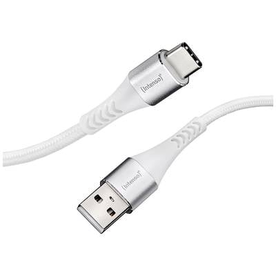 'Ein USB-A-auf-USB-C-Kabel mit silbernen Anschlüssen und weißem Kabel, geeignet für Datenübertragung und Laden elektronischer Geräte.'