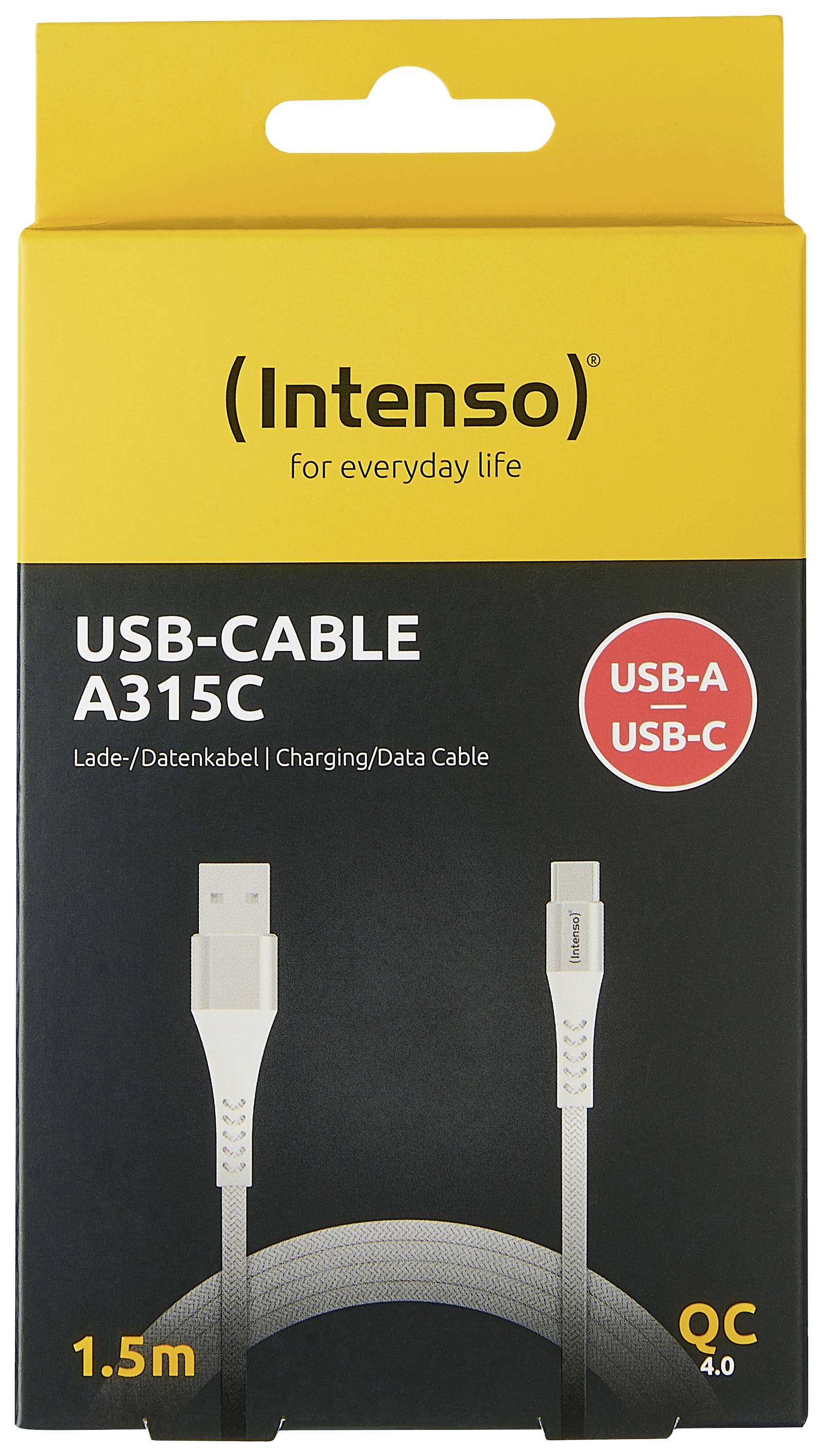 'Intenso USB-Kabel A315C' Verpackung, gelb und schwarz, zeigt ein 1,5m langes Lade-/Datenkabel mit USB-A und USB-C Anschlüssen.