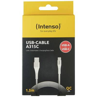 'Intenso USB-Kabel A315C' Verpackung, gelb und schwarz, zeigt ein 1,5m langes Lade-/Datenkabel mit USB-A und USB-C Anschlüssen.