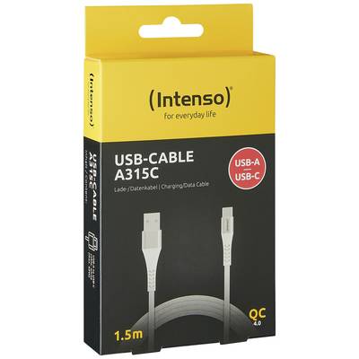 Verpackung eines 1,5 m langen USB-Kabels der Marke Intenso, Modell A315C. Anschlüsse: USB-A zu USB-C. Lade- und Datenkabel, gelb-schwarze Schachtel.