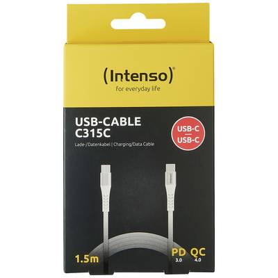 'USB-C-Kabel C315C von Intenso, 1,5m, für Datenladung, grau. Unterstützt PD 3.0 und QC 4.0. Verpackung in Gelb mit Produktabbildung.'