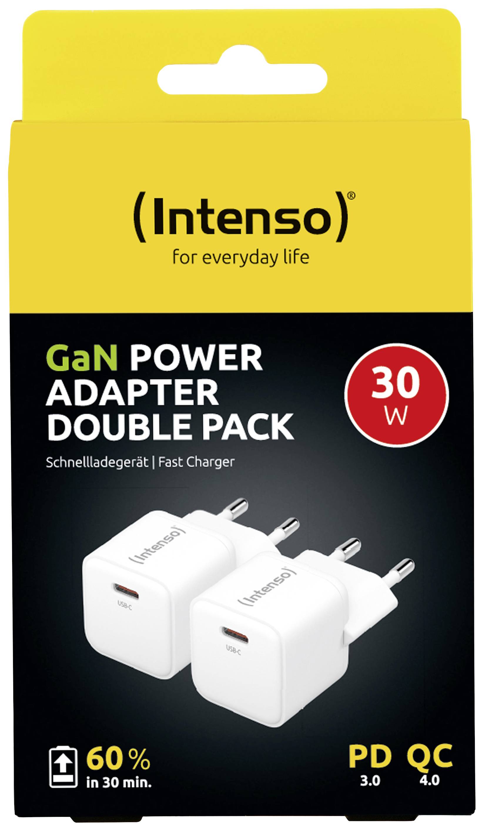 'Intenso GaN Power Adapter Double Pack, 30 W Ladegerät. 60 % in 30 min. PD 3.0 und QC 4.0 kompatibel.'