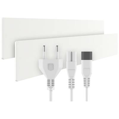 Zwei weiße Heizpaneele mit europäischem Stecker und zwei weiteren Anschlussvarianten, geeignet für Wohnräume.