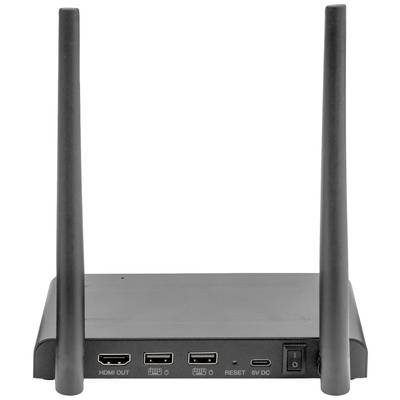 Ein schwarzer Wi-Fi-Router mit zwei vertikalen Antennen und mehreren Anschlüssen auf der Rückseite, darunter HDMI und USB.