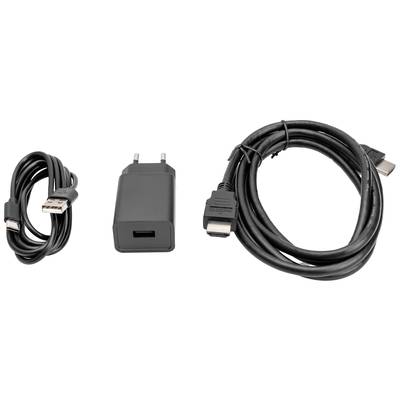 'Drei Kabel: Links ein USB-Kabel mit Standard- und Micro-USB-Stecker, in der Mitte ein USB-Netzteil, rechts ein HDMI-Kabel.'