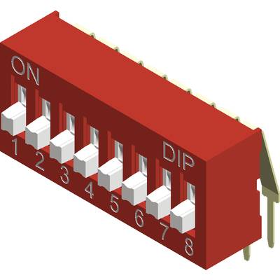 Roter DIP-Schalter mit acht Schaltern, nummeriert von 1 bis 8, die alle in 'Off'-Position sind. Oben steht 'ON', seitlich 'DIP'.