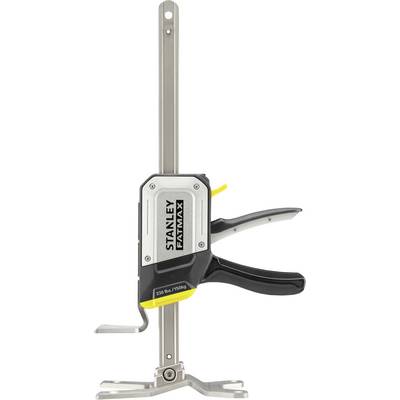 Eine Stanley FatMax Einhandzwinge mit silber-schwarzem Design und gelben Akzenten, geeignet zum Halten oder Klemmen von Werkstücken.