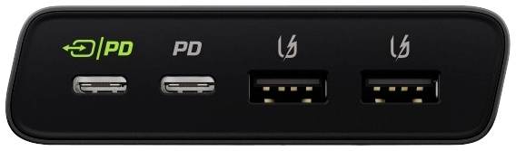 Mehrport-USB-C-Ladegerät mit zwei USB-C- und zwei USB-A-Anschlüssen. 'PD' und Blitzsymbol kennzeichnen Schnellladung.