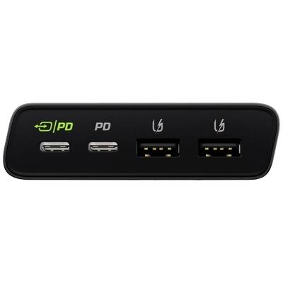 Mehrport-USB-C-Ladegerät mit zwei USB-C- und zwei USB-A-Anschlüssen. 'PD' und Blitzsymbol kennzeichnen Schnellladung.