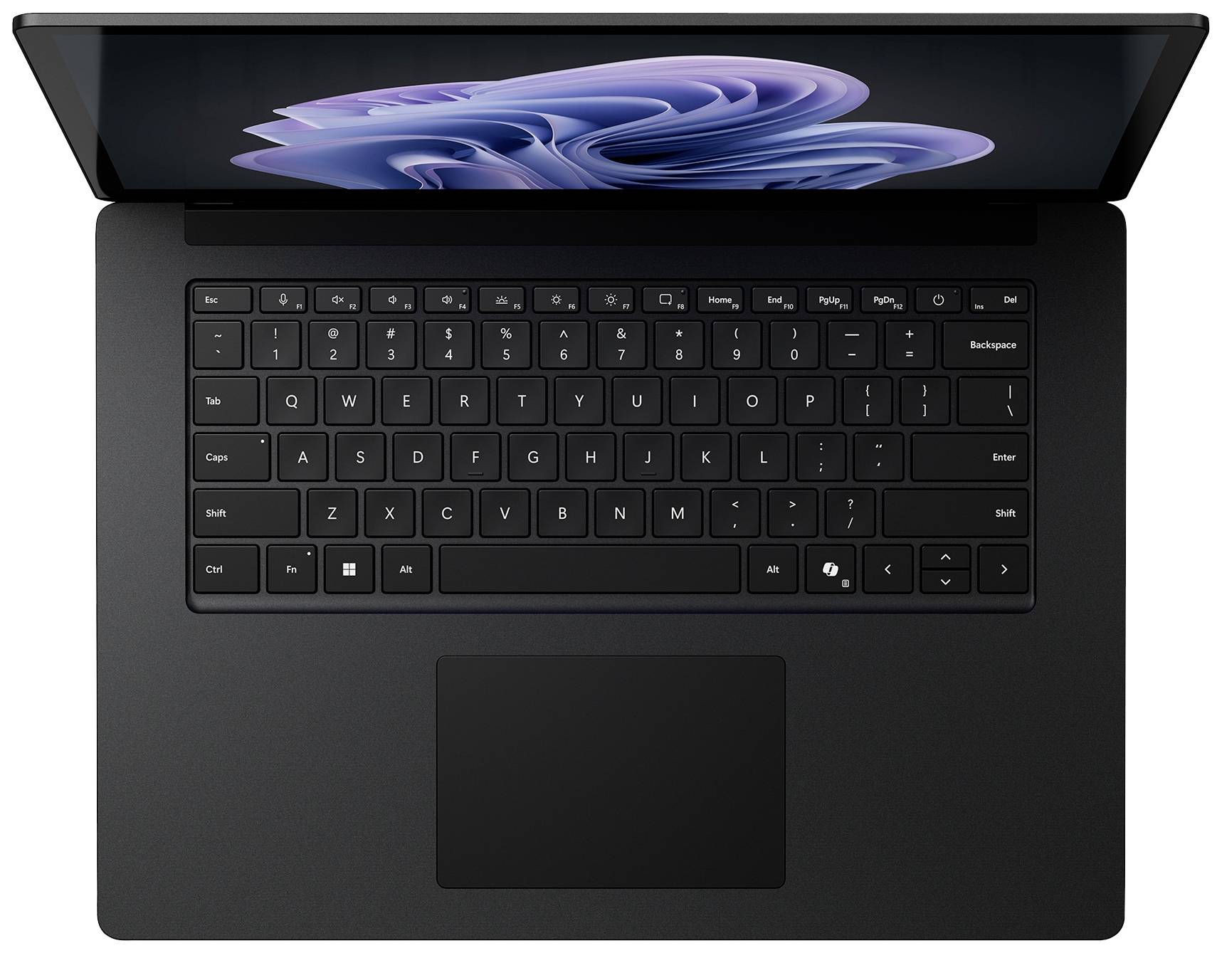 Schwarzer Laptop von oben gesehen, geöffnet mit sichtbar beleuchtetem Display in Blau- und Lila-Tönen. Tastatur vollständig sichtbar.