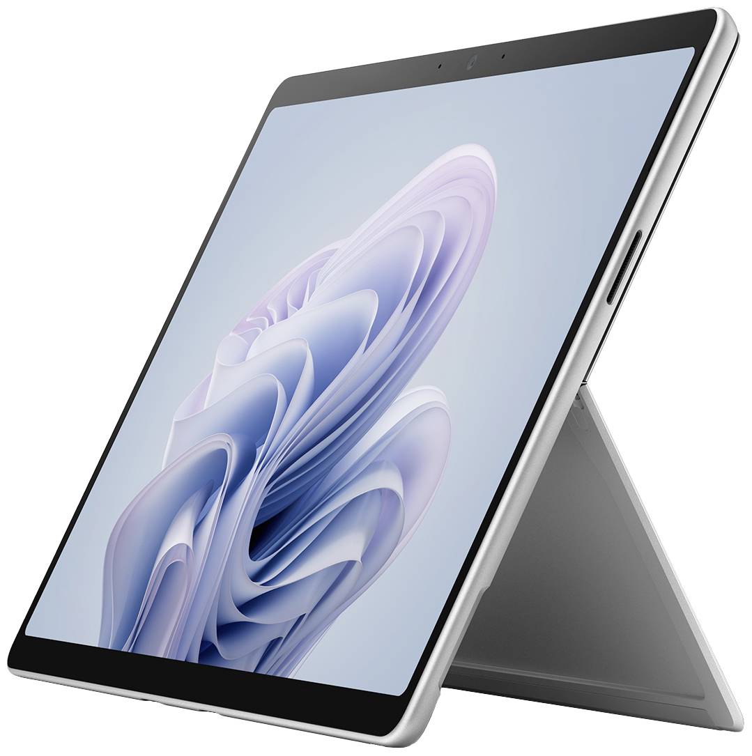 Ein Tablet mit einem abstrakten, wellenförmigen Hintergrund auf dem Bildschirm steht auf einem integrierten Ständer.