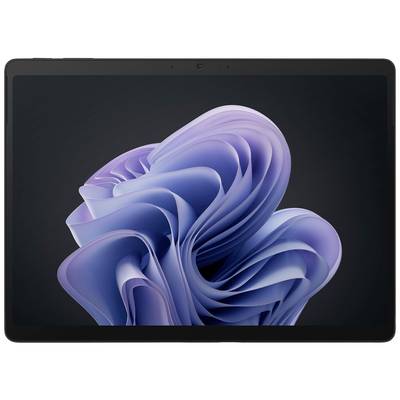 Ein Tablet zeigt ein abstraktes 3D-Kunstwerk mit lila und blauen Wirbeln auf dem Bildschirm.