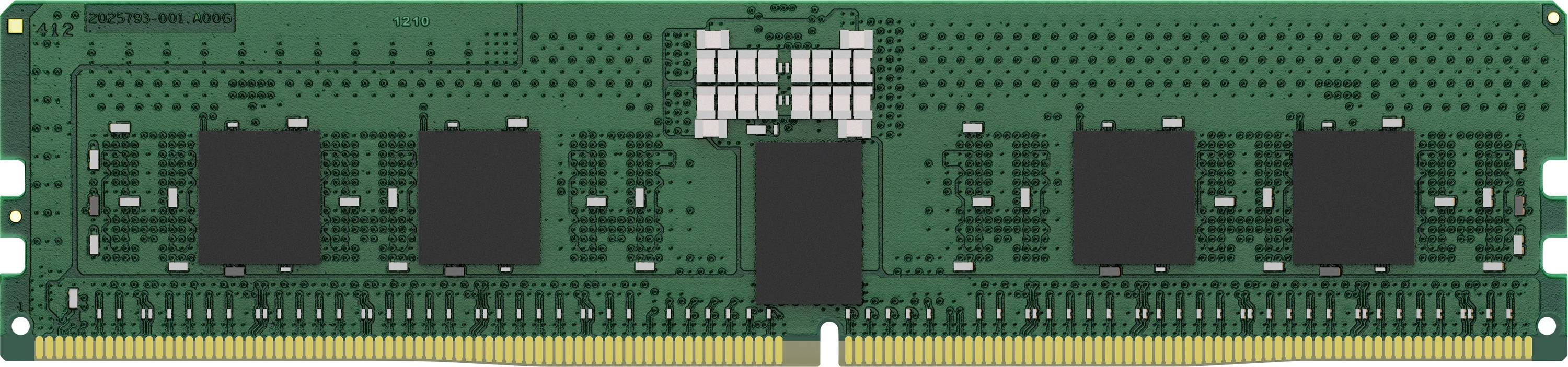 Ein grüner RAM-Speicherbaustein mit mehreren schwarzen Chips und goldenen Kontakten am unteren Rand.