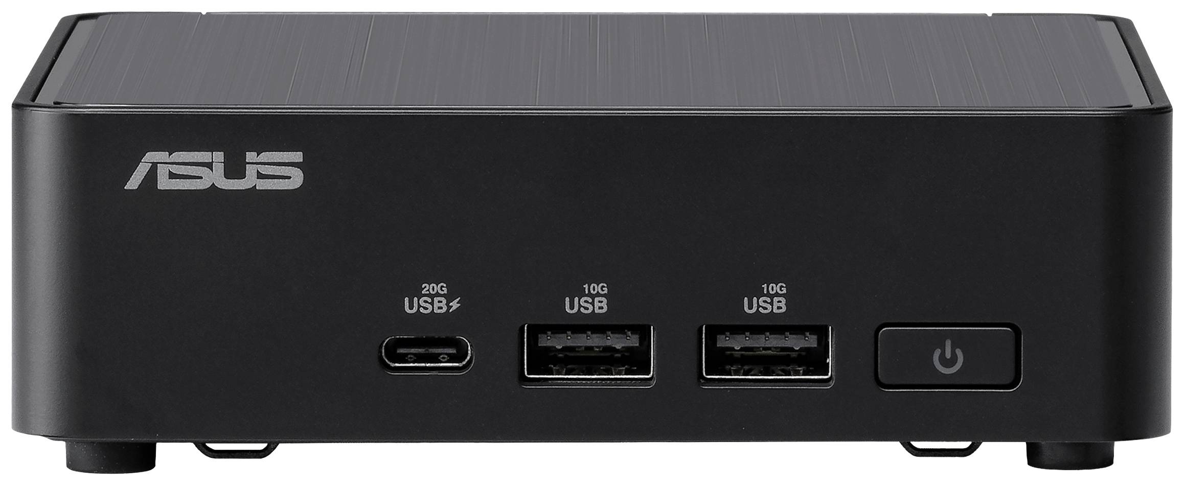 Schwarzer Mini-PC der Marke Asus mit mehreren USB-Anschlüssen und einem Ein-/Ausschalter auf der Vorderseite.