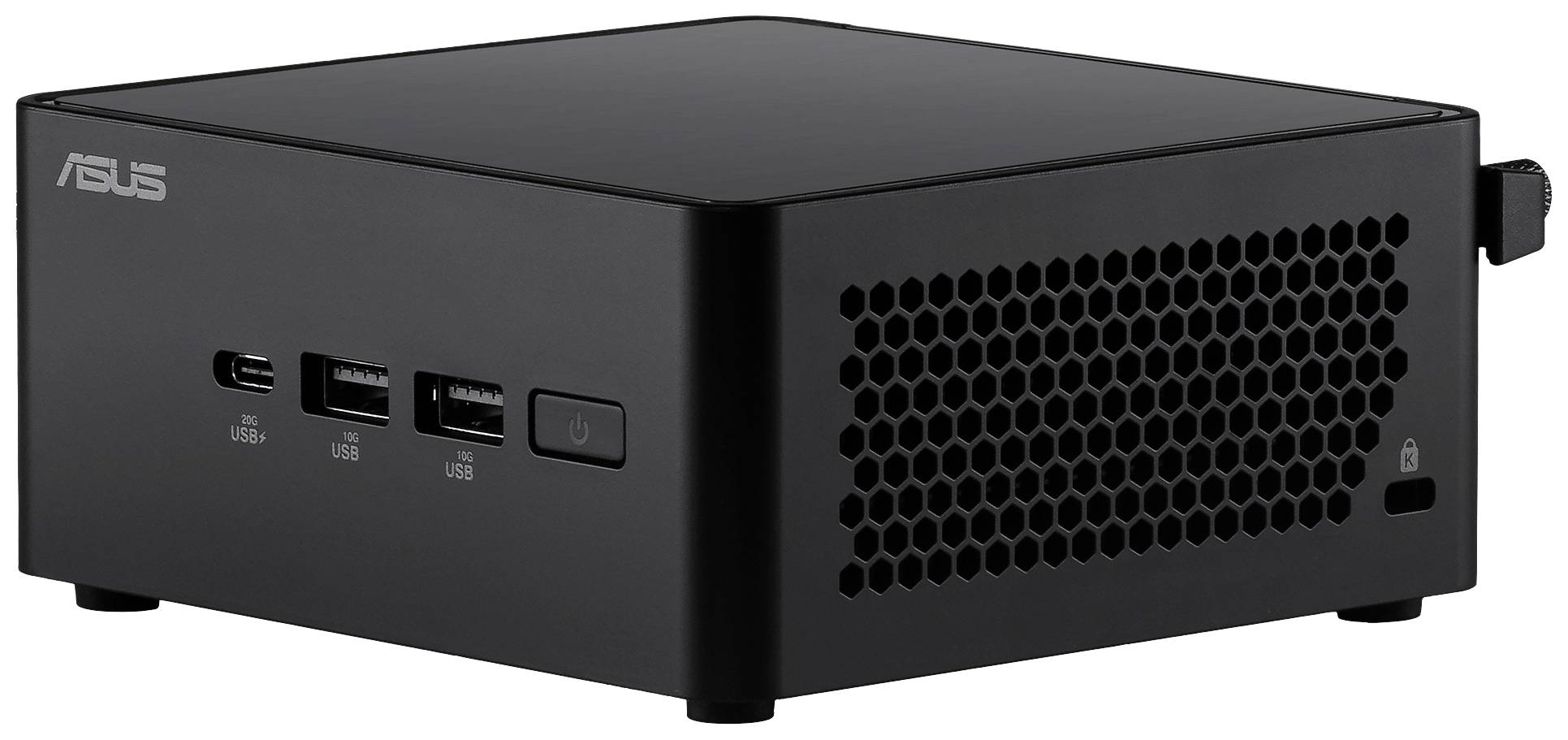 Ein schwarzer Mini-PC mit mehreren USB-Anschlüssen an der Vorderseite und einem Lüftungsgitter an der Seite. Marke ASUS ist sichtbar.