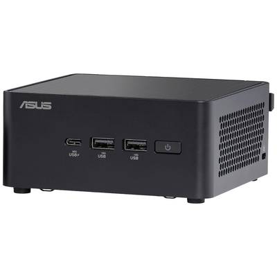 Ein kleiner, schwarzer ASUS Mini-PC mit drei USB-Anschlüssen und einer Einschalttaste an der Vorderseite; seitlich Lüftungsschlitze.