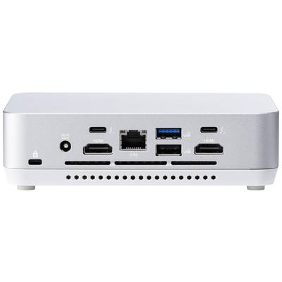 Rückseite eines silbernen Mini-PCs mit verschiedenen Anschlüssen: HDMI, USB, Ethernet, Thunderbolt und Netzteilanschluss.