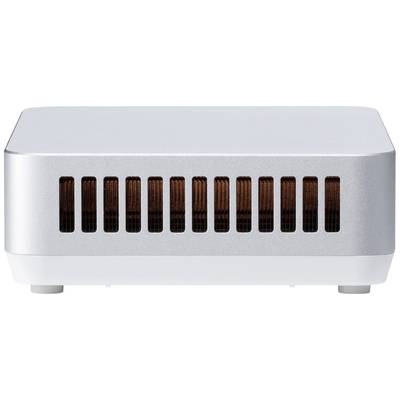 Ein silberner elektronischer Kasten mit Lüftungsöffnungen an der Vorderseite. Wahrscheinlich ein technisches Gerät oder Router.
