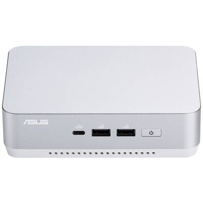 Ein silberne Asus Mini-PC mit zwei USB-Anschlüssen und einem USB-C-Anschluss an der Vorderseite sowie einem Netzschalter.