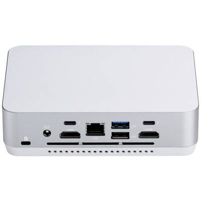 Ein silberner Computer-Mini-PC mit mehreren Anschlüssen: zwei HDMI, Ethernet, USB, USB-C und Netzanschluss. Auf Rückseite sichtbar.