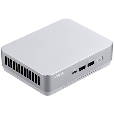Silberner Mini-Computer von Asus mit rechteckigem, kompaktem Design. Vorderseite mit USB-Anschlüssen und Ein-/Ausschalter.