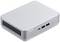 Silberner Mini-Computer von Asus mit rechteckigem, kompaktem Design. Vorderseite mit USB-Anschlüssen und Ein-/Ausschalter.