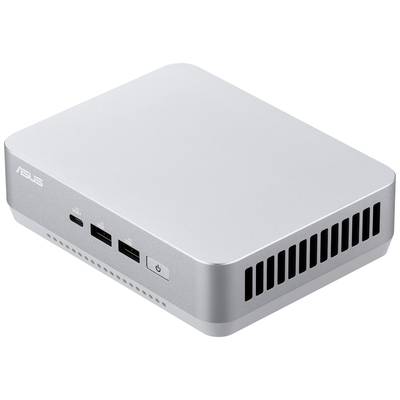Ein silberner Mini-PC mit Anschlüssen auf der Vorderseite und Lüftungsschlitzen an der Seite, geeignet für kompakte Arbeitsräume.