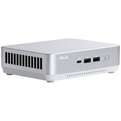 Ein silberner Mini-PC mit dem Schriftzug 'ASUS', zwei USB-Anschlüssen und einem Netzschalter auf der Vorderseite, Lüftungsschlitze links.