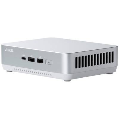 Ein silberner Mini-PC mit USB- und HDMI-Anschlüssen an der Vorderseite, seitlichen Lüftungsschlitzen, geeignet für platzsparende Anwendungen.