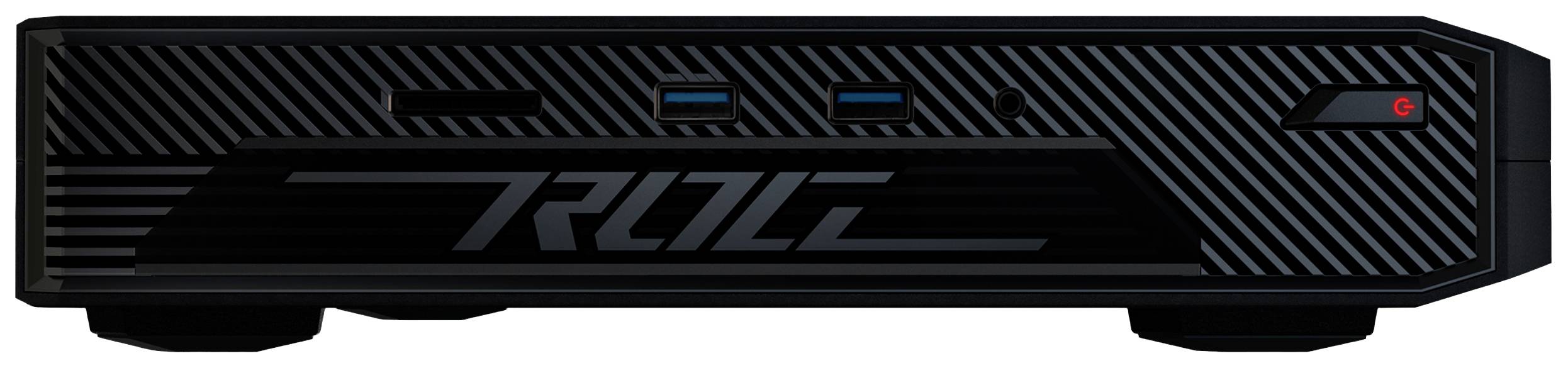 Kompakter schwarzer Gaming-PC mit horizontalem Streifenmuster und beleuchtetem Power-Button. Zwei USB-Anschlüsse vorne sichtbar.