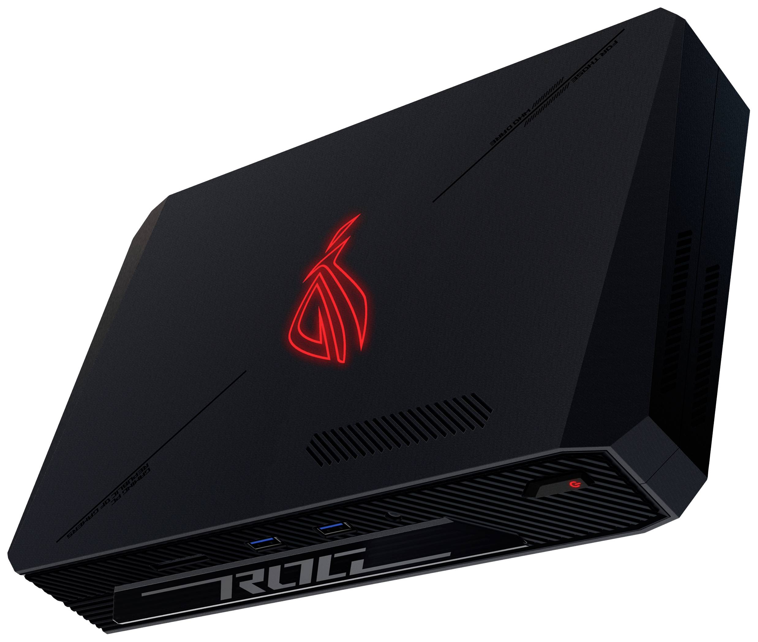 Ein schwarzer Gaming-Laptop mit rotem leuchtendem Logo auf dem Deckel. Lüftungsschlitze und USB-Anschlüsse sind sichtbar.