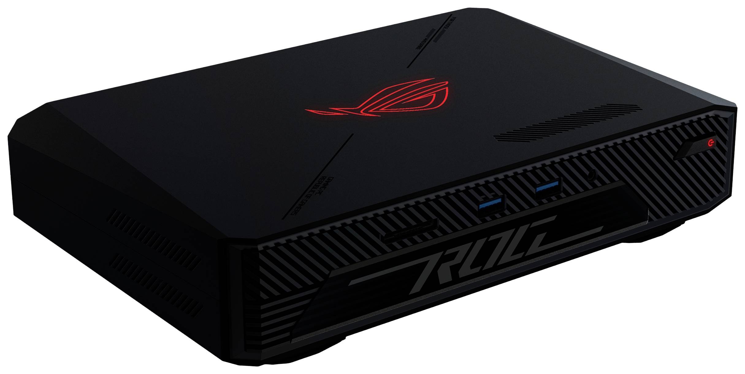 Ein schwarzer ROG-Gaming-PC mit rotem Logo auf der Oberseite. Vorderseite hat USB-Ports und Lüftungsgitter für Kühlung.