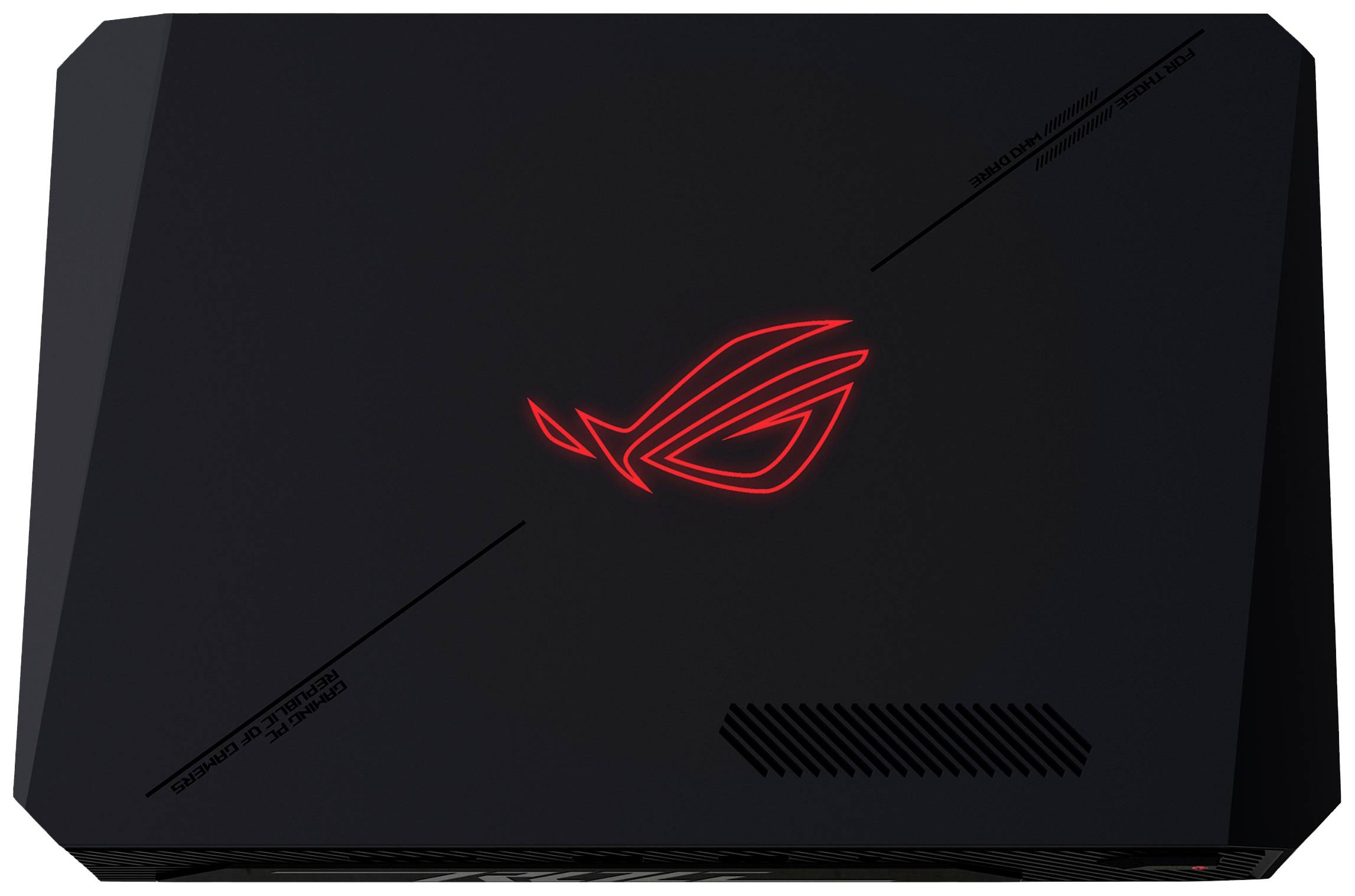 Ein schwarzes Laptop-Gehäuse mit einem rot leuchtenden Logo in der Mitte, das futuristisch wirkt.