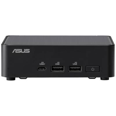 Schwarzer Mini-PC von ASUS mit zwei USB-Anschlüssen, einem USB-C-Anschluss und einem Netzschalter auf der Vorderseite.