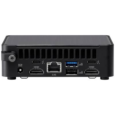 Rückseite eines kleinen Computers mit mehreren Anschlüssen: zwei HDMI, Ethernet, zwei USB-Anschlüsse, zwei Thunderbolt, ein Stromanschluss.