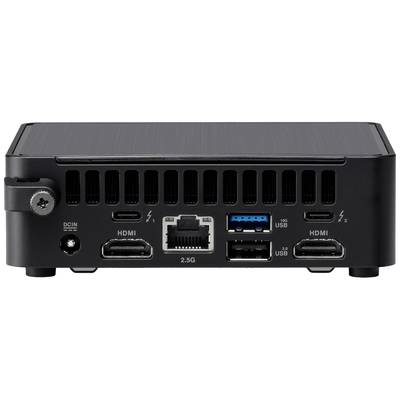 Rückseite eines Mini-PCs mit verschiedenen Anschlüssen: zwei HDMI, zwei USB-C, zwei USB-A, Ethernet, Stromanschluss und Sicherheitsschloss.