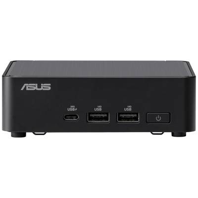 Schwarzer ASUS Mini-PC mit zwei USB-3.0- und einem USB-C-Anschluss an der Vorderseite; geeignet für kompakte Arbeitsbereiche.