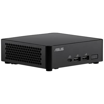 Ein kompakter schwarzer Mini-PC mit Lüftungsgitter an der Seite. Auf der Vorderseite befinden sich USB-Anschlüsse und ein Einschaltknopf.