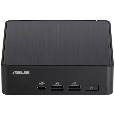 Ein schwarzer Mini-PC mit der Aufschrift 'ASUS' auf der Vorderseite, zeigt mehrere USB-Anschlüsse und einen Netzschalter.