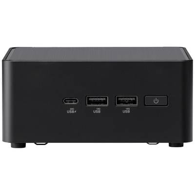 Ein schwarzes Computergehäuse mit einem USB-C-Port, zwei USB-A-Ports und einem Einschaltknopf an der Vorderseite.