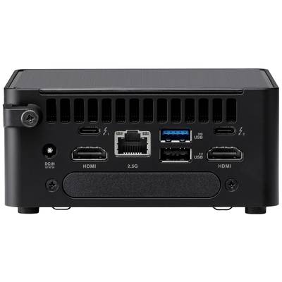Die Rückseite eines Minicomputers mit Anschlüssen: zwei HDMI, zwei USB-A, zwei USB-C, Ethernet, ein Stromanschluss und Lüftungsschlitze.