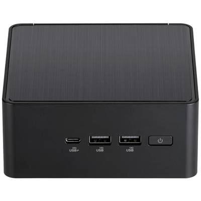 Schwarzer Mini-PC mit strukturierter Oberfläche und vier USB-Anschlüssen vorne, darunter ein Typ-C-Anschluss und ein Netzschalter.