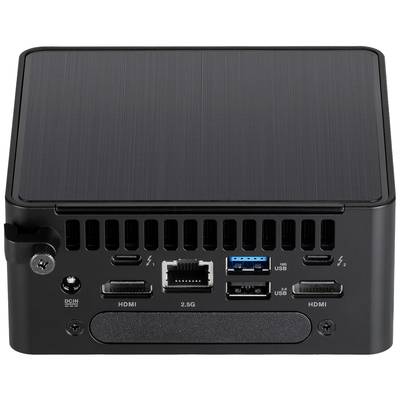 Ein schwarzer Mini-PC zeigt auf der Rückseite Anschlüsse: zwei HDMI, vier USB, Ethernet und zwei Thunderbolt-Ports.
