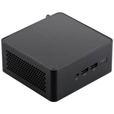 Ein kleiner, schwarzer Computer mit Lüftungsgittern an der Seite. Auf der Vorderseite befinden sich USB- und HDMI-Anschlüsse sowie ein Netzschalter.