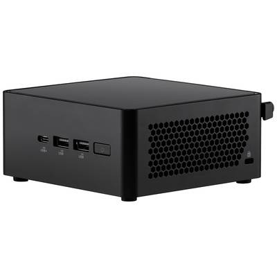 Schwarzer Mini-Computer mit mehreren USB-Anschlüssen an der Vorderseite; kompakte Größe, geeignet für platzsparende Anwendungen.