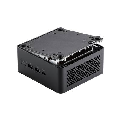 Ein kleiner, schwarzer Computer mit offenem Gehäuse, das seine interne Hardware zeigt. Vorderseite mit mehreren Anschlussmöglichkeiten.